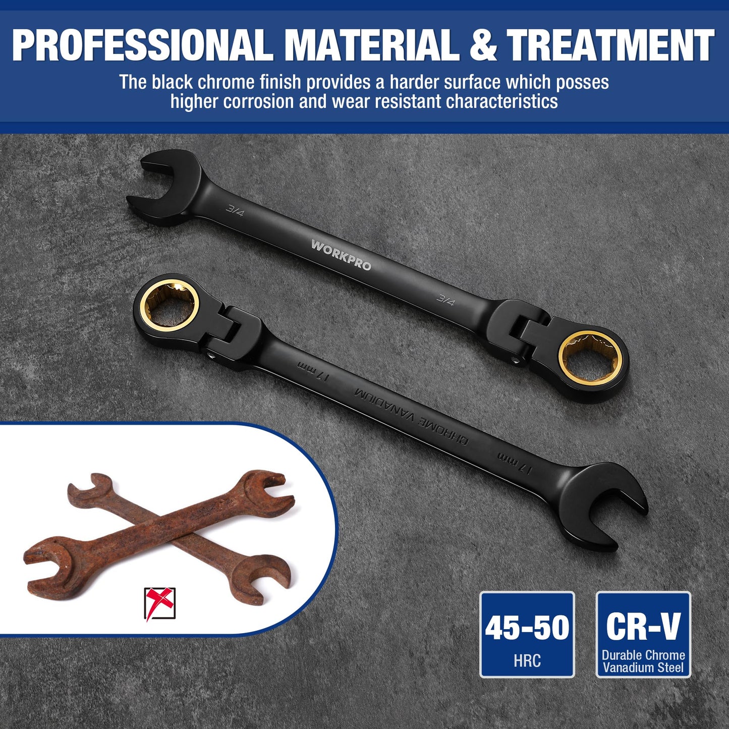 WORKPRO 22-Piece Ratcheting Wrench Set, 180° Flex Head, Anti-Slip, Metric & SAE, Combination Wrenches with Organizer Box, Black