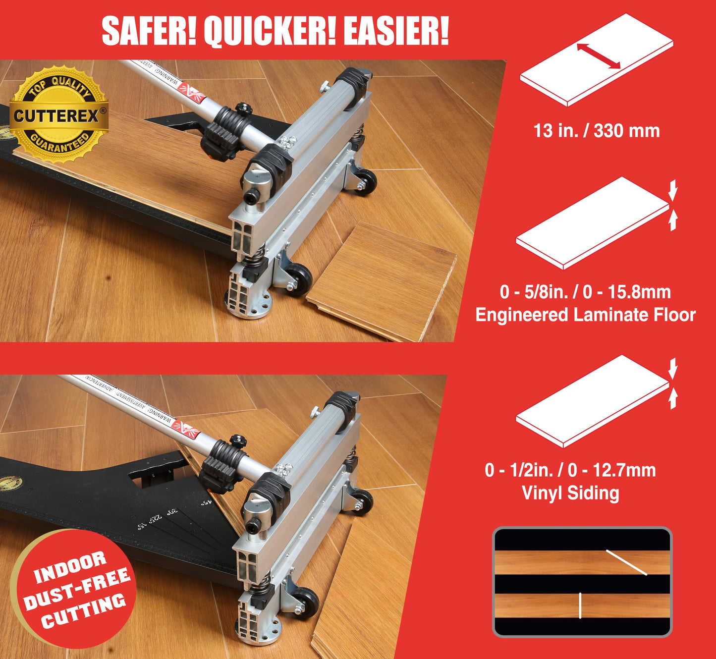 13" Laminate & Vinyl Floor Cutter with Wheels – Easy Angle & Length Cuts, Flooring Tool for LVP, LVT, SPC, WPC, VCT, HSS Blade & LED