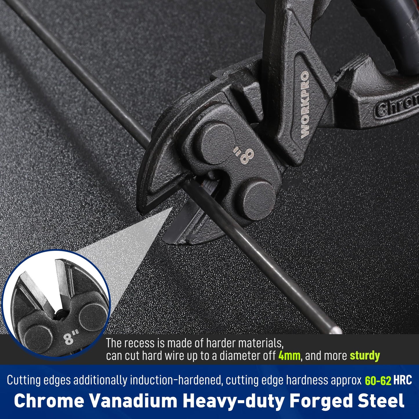 WORKPRO 8" Mini Bolt Cutter with Soft Grip, CR-V Steel Blade, Security Lock, Spring Action for Wires, Cables, Chains & Small Screws