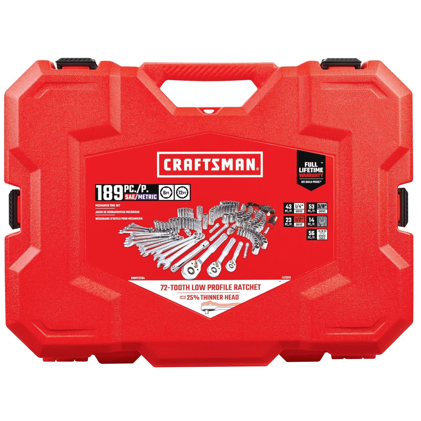CRAFTSMAN 189-Piece Mechanics Tool Set, 1/4, 3/8 & 1/2 in Drive Socket & Wrench Set, Thin Ratchets, 6 & 12-Point Steel Sockets (CMMT12134)