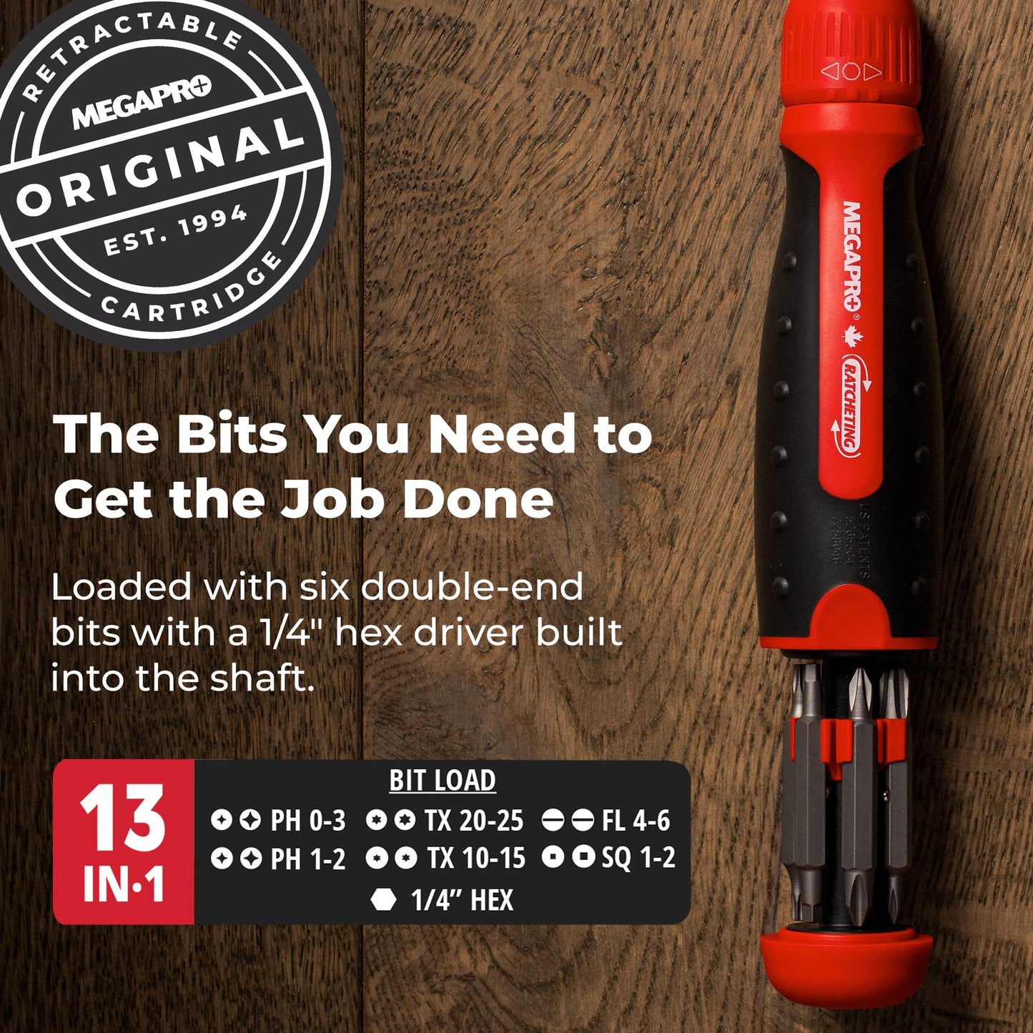 13-in-1 Ratcheting Screwdriver Set w/ ¼" Hex Bits for Phillips, Flat, Star & Square – Retractable Multi-Bit Screwdriver