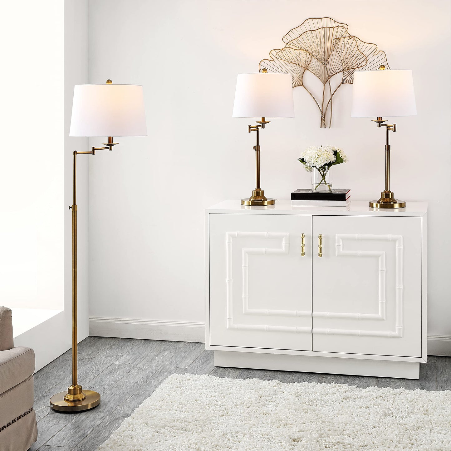 SAFAVIEH Lighting Collection Nadia Contemporary Gold Swing Arm Floor & Table Lamp Set of 3 (LED Bulbs Included)