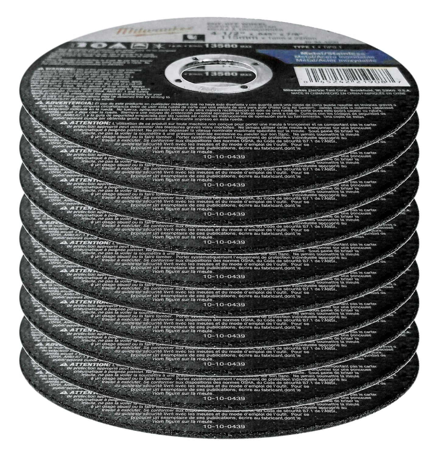 Milwaukee 10-Pack 4-1/2" Cut-Off Wheels for Grinders, .045" Thick, Aggressive Metal & Stainless Steel Cutting, 7/8" Arbor