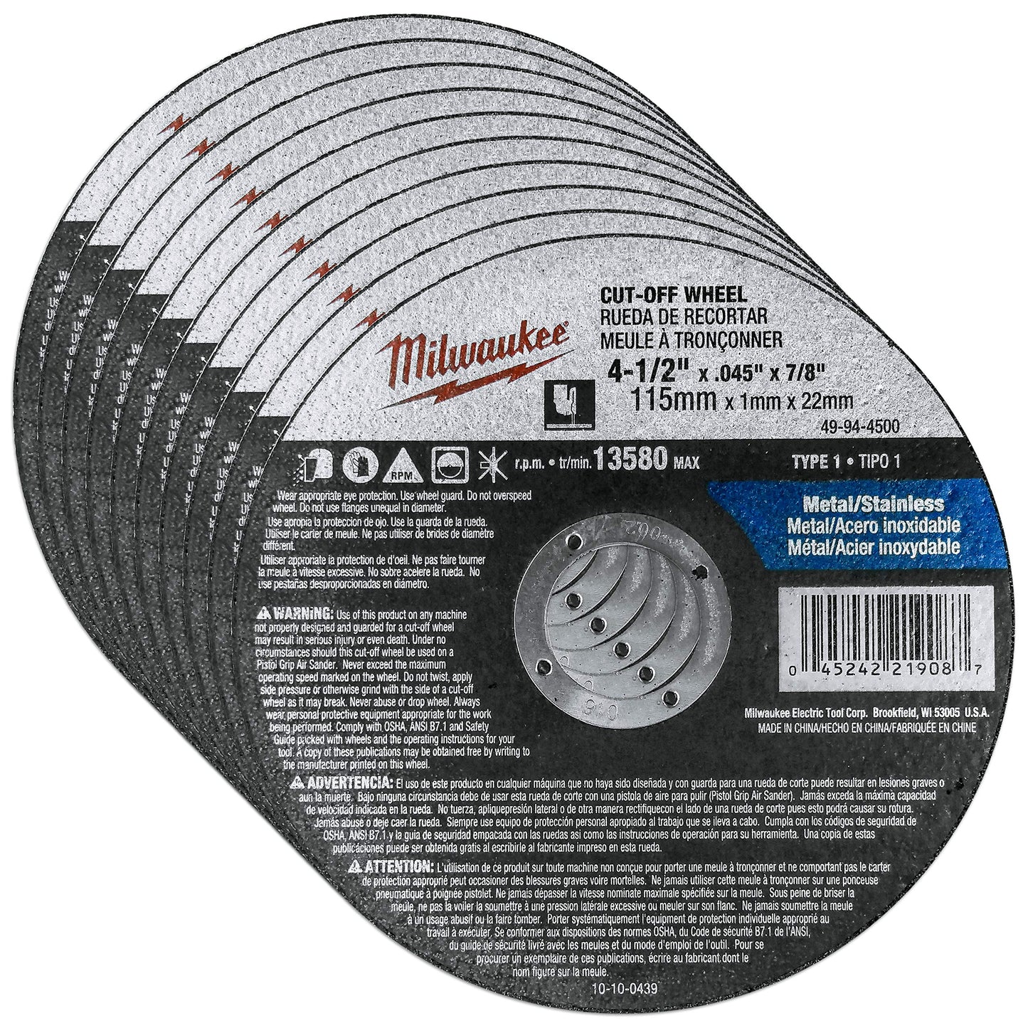 Milwaukee 10-Pack 4-1/2" Cut-Off Wheels for Grinders, .045" Thick, Aggressive Metal & Stainless Steel Cutting, 7/8" Arbor