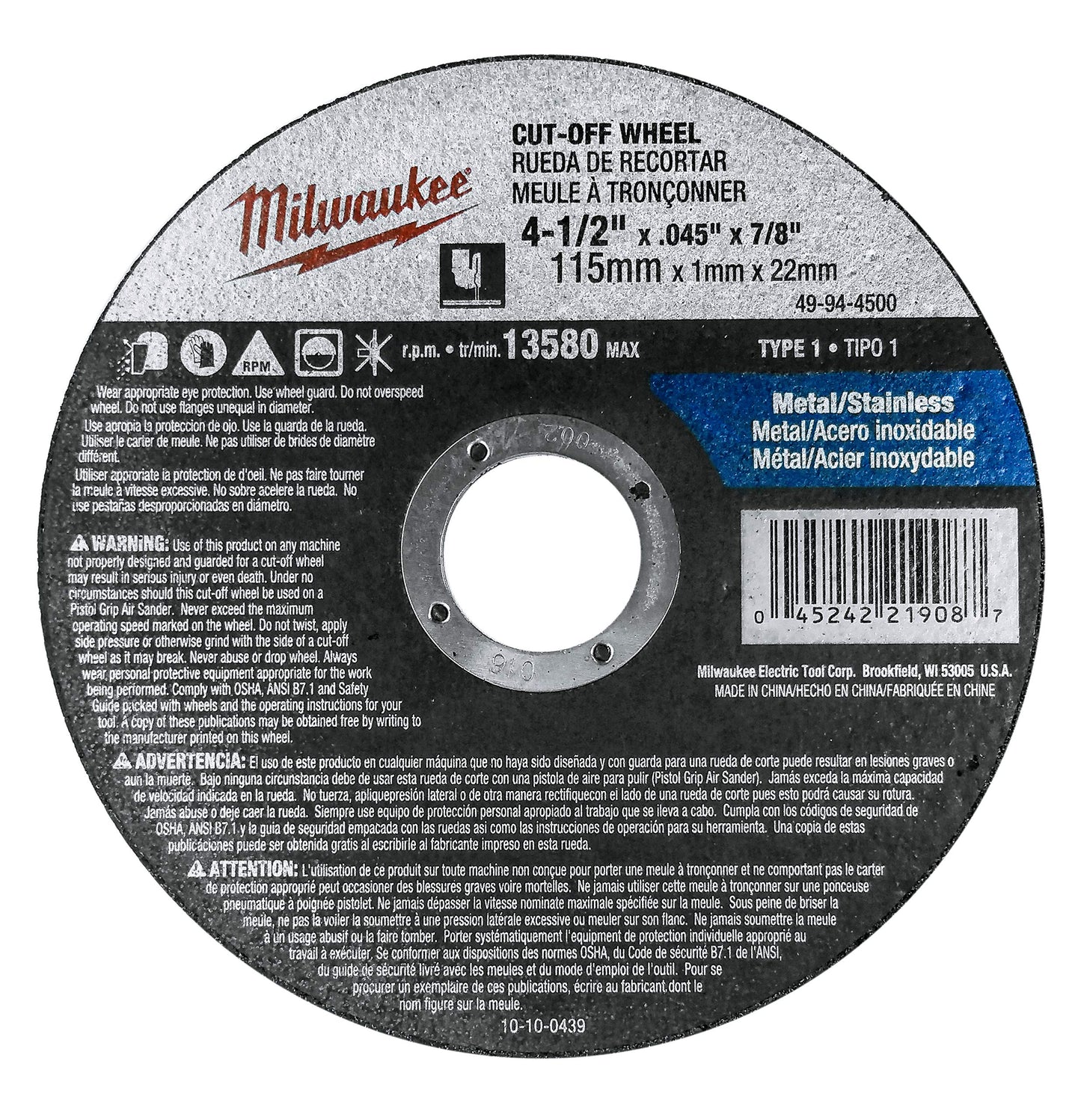 Milwaukee 10-Pack 4-1/2" Cut-Off Wheels for Grinders, .045" Thick, Aggressive Metal & Stainless Steel Cutting, 7/8" Arbor