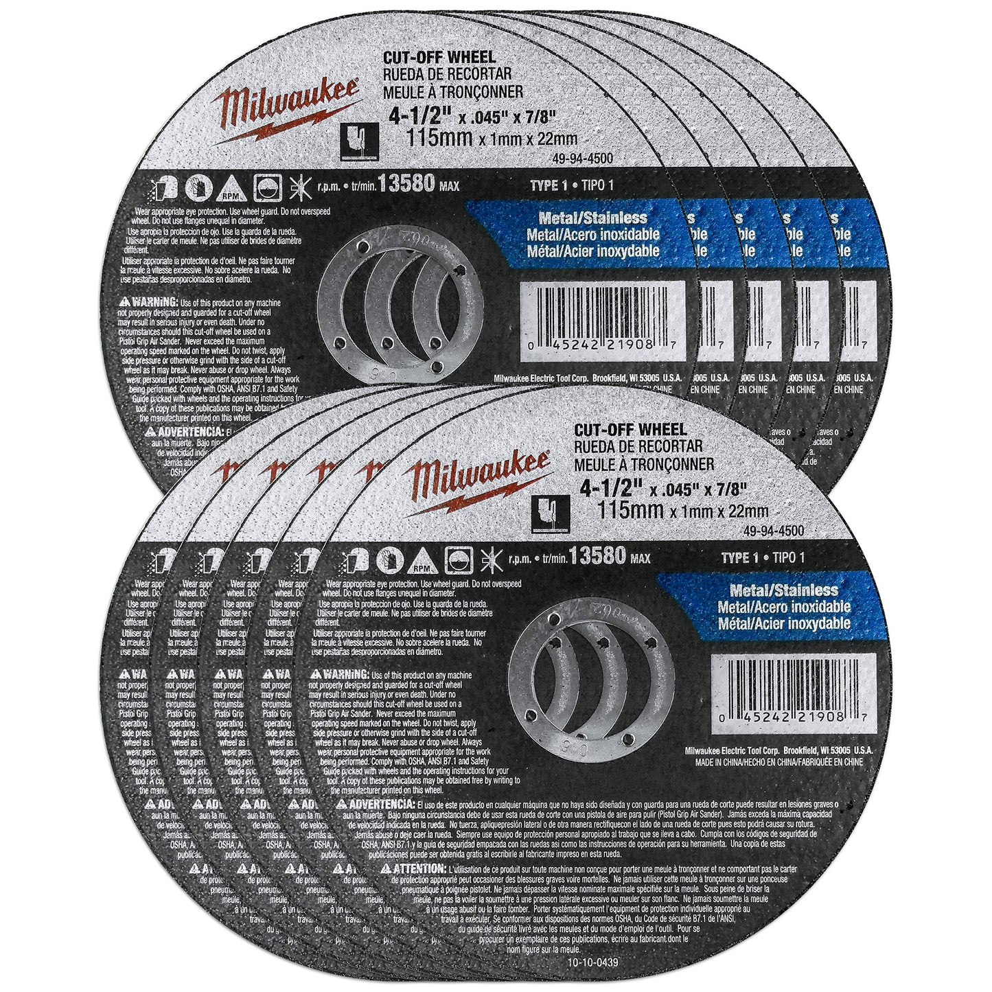 Milwaukee 10-Pack 4-1/2" Cut-Off Wheels for Grinders, .045" Thick, Aggressive Metal & Stainless Steel Cutting, 7/8" Arbor